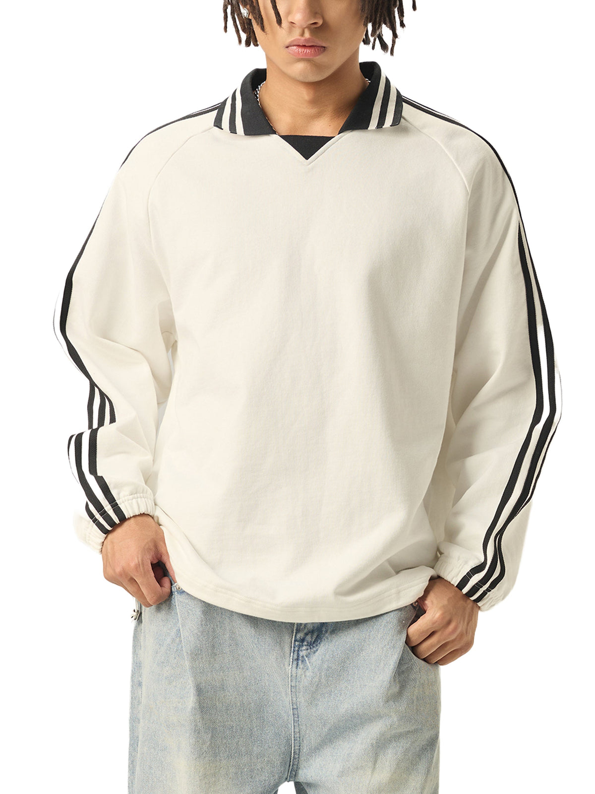 OKOYE LONDON Contrast Striped Lapel Collar Sweatshirt