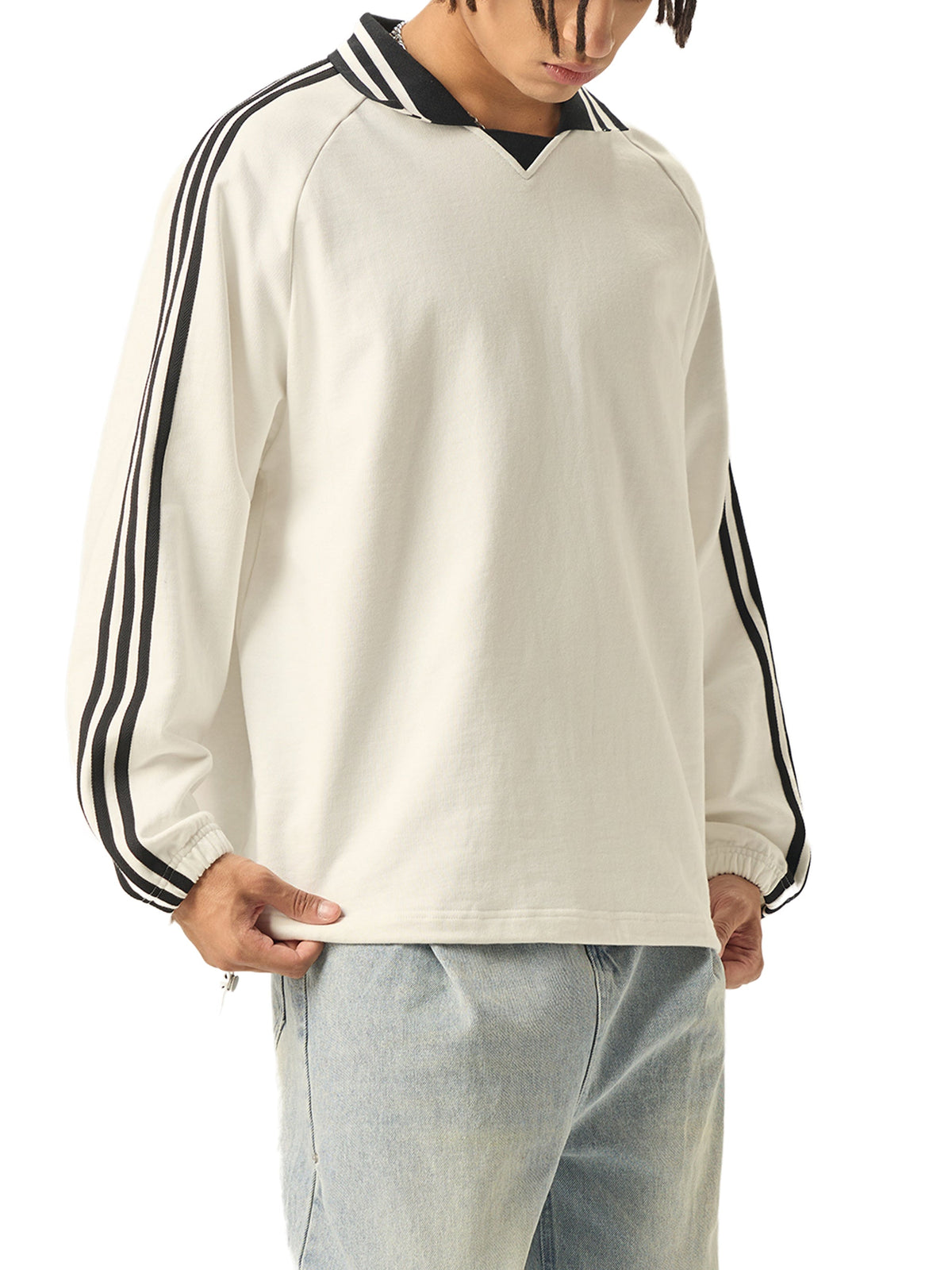 OKOYE LONDON Contrast Striped Lapel Collar Sweatshirt